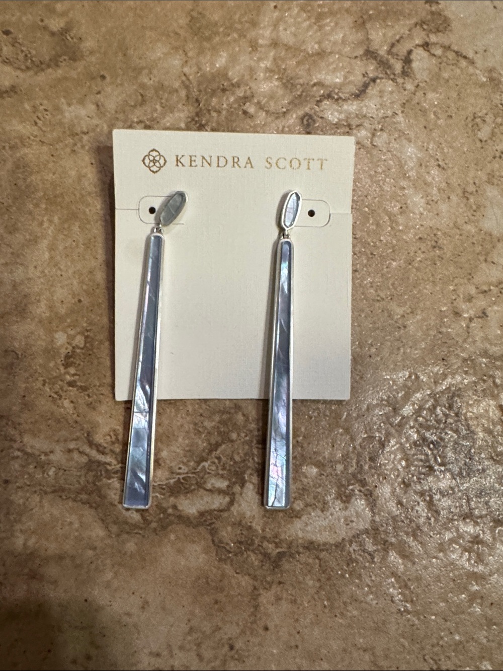 KENDRA SCOTT LIGHT BLUE MOTHER OF PEARL LINEAR DROP STATEMENT EARRINGS - Picture 2 of 2